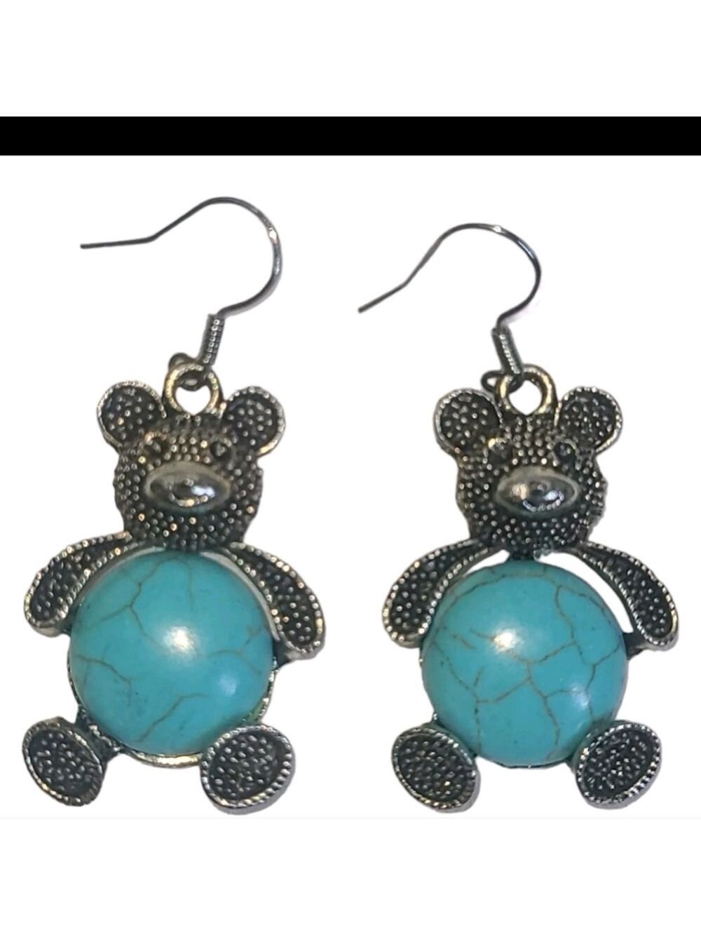 Turquoise & Silver Tone Teddy Bear Dangle Earrings - Picture 2 of 5